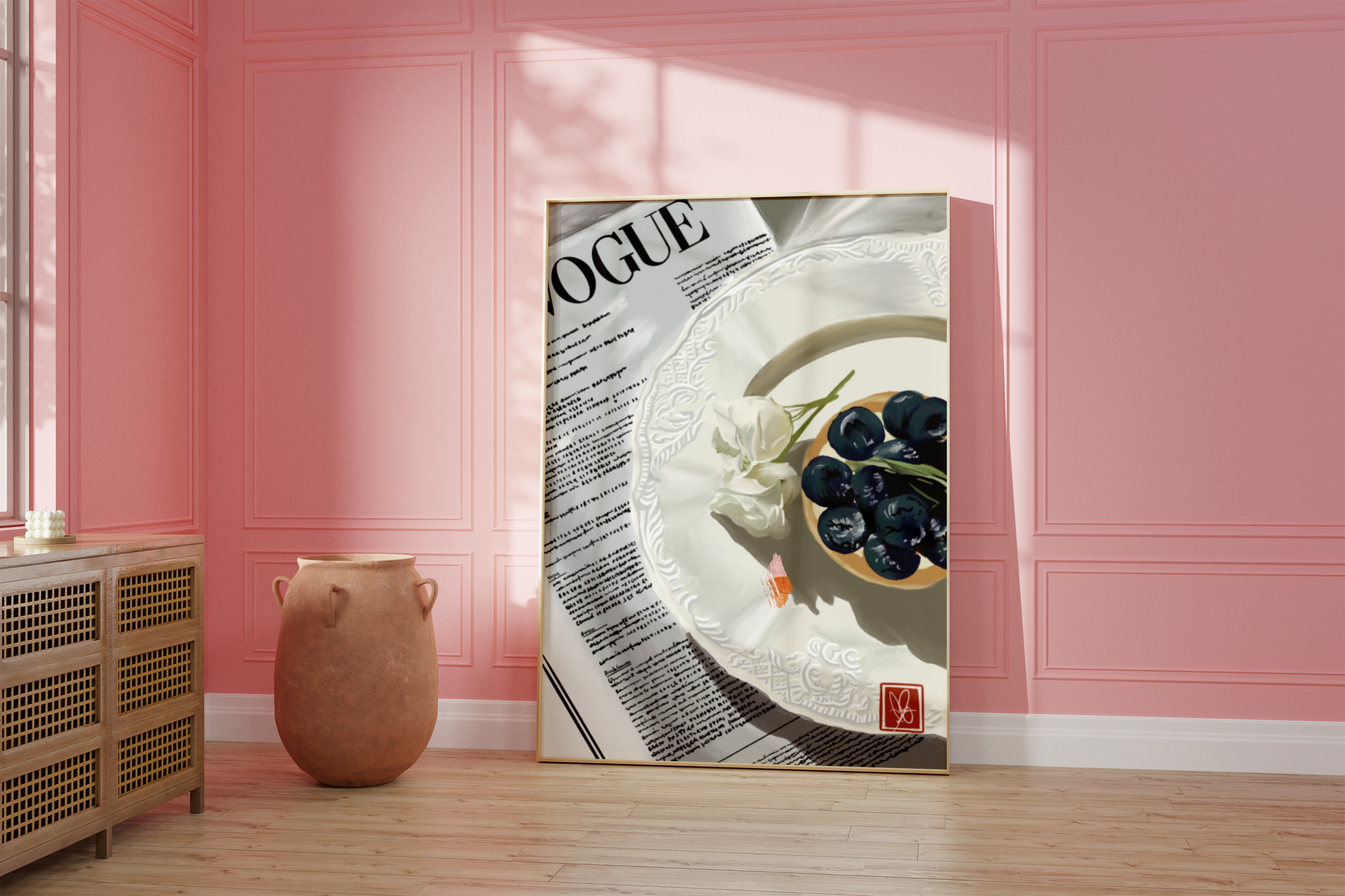 Blueberry Tart Print - Hand-drawn digital artwork perfect for room & kitchen decor and food enthusiasts. Vibrant, playful, and bursting with berry bliss. Available in various sizes. Shop now for sweet wall art!