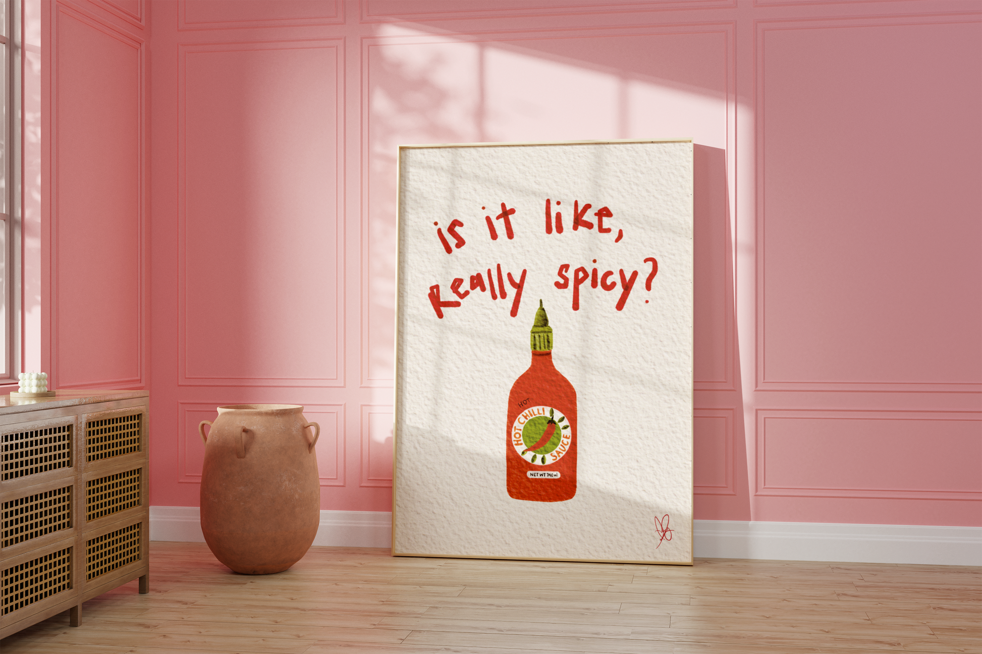 Spicy Sriracha Hot Sauce Art Print - Summer Vibes, Handwritten Letters, Watercolor Illustration, Witty Humor - Fiery Chili Sauce, Funny Foodie Wall Art, Kitchen Dining Decor Poster