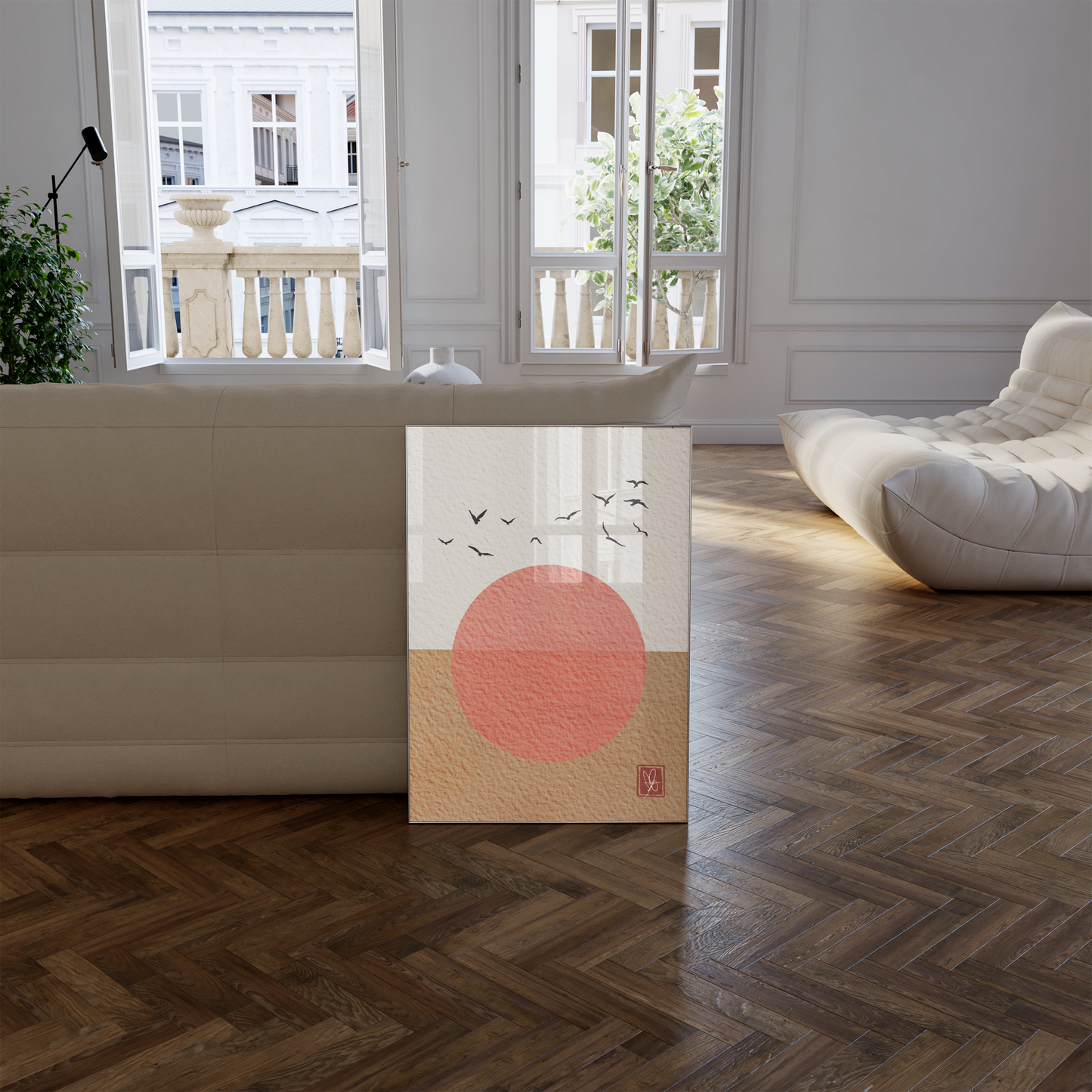 Japandi-Inspired Calligraphy Birds Print by Unwrapped Collections: This serene artwork blends Oriental elegance with Scandinavian minimalism, featuring hand-drawn birds in calligraphic style. Perfect for adding tranquility to any room. Available in various sizes. Shop now!