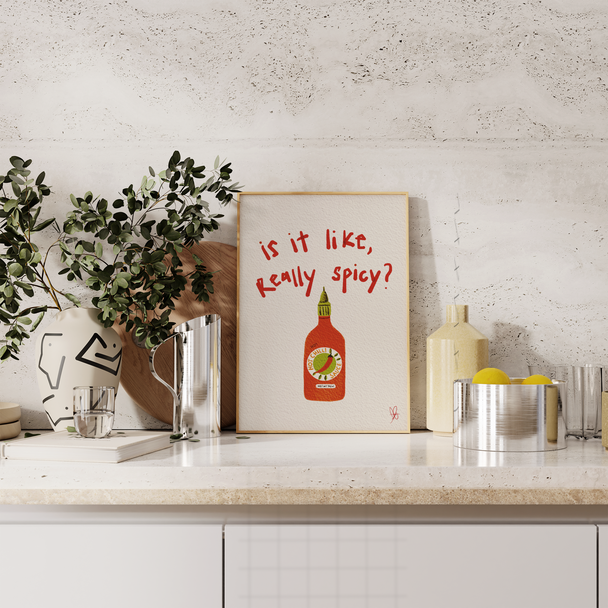 Spicy Sriracha Hot Sauce Art Print - Cute Kitchen Print, Watercolor Style Wall Decor, Witty humor - Funny Wall Print,  Kitchen Art, Chili sauce for hot sauce and chili lovers - Foodie wall decor