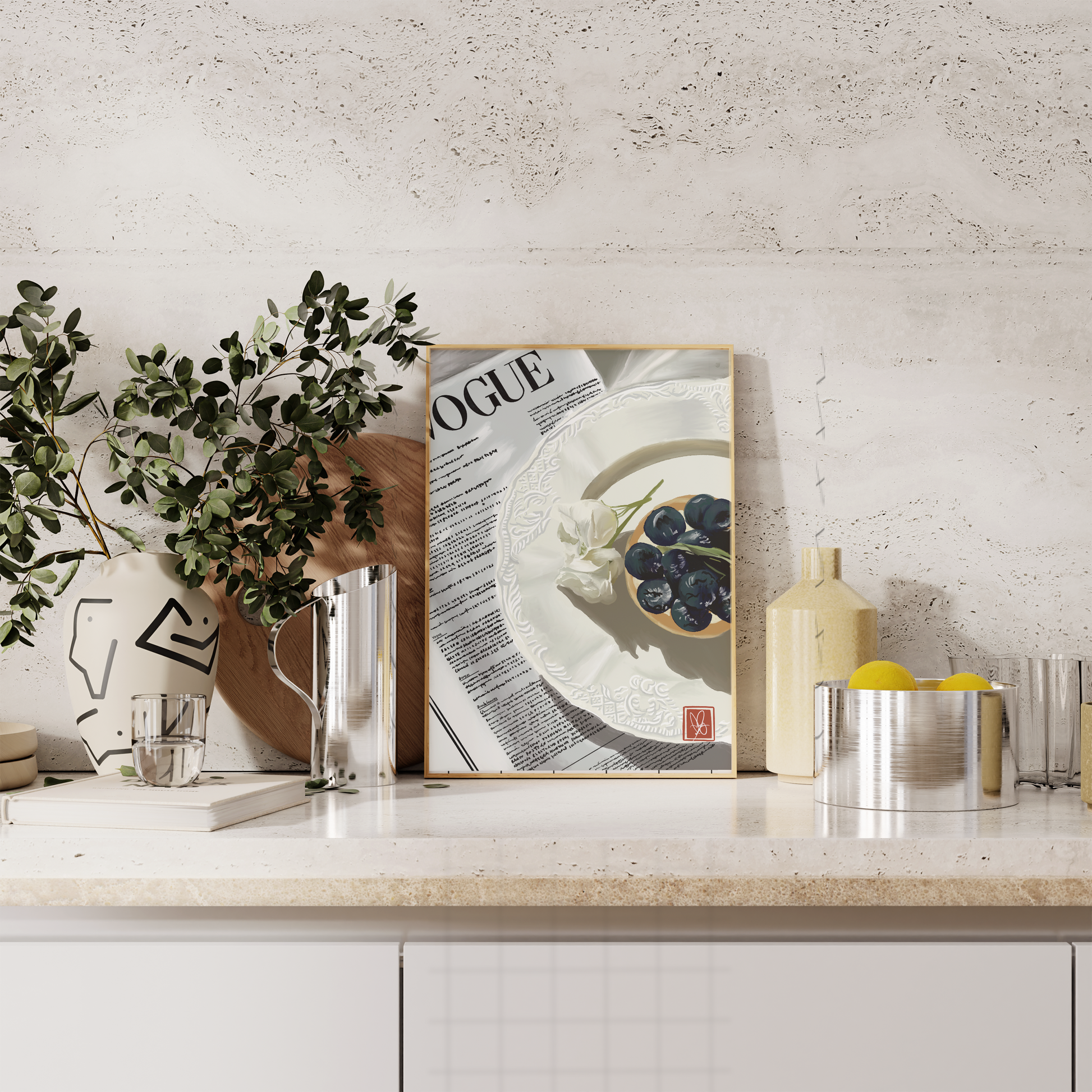 Blueberry Tart Print - Hand-drawn digital artwork perfect for kitchen decor. Ideal for foodies and cafe enthusiasts. Vibrant and playful wall art. Available in various sizes. Shop now for a slice of sweetness!