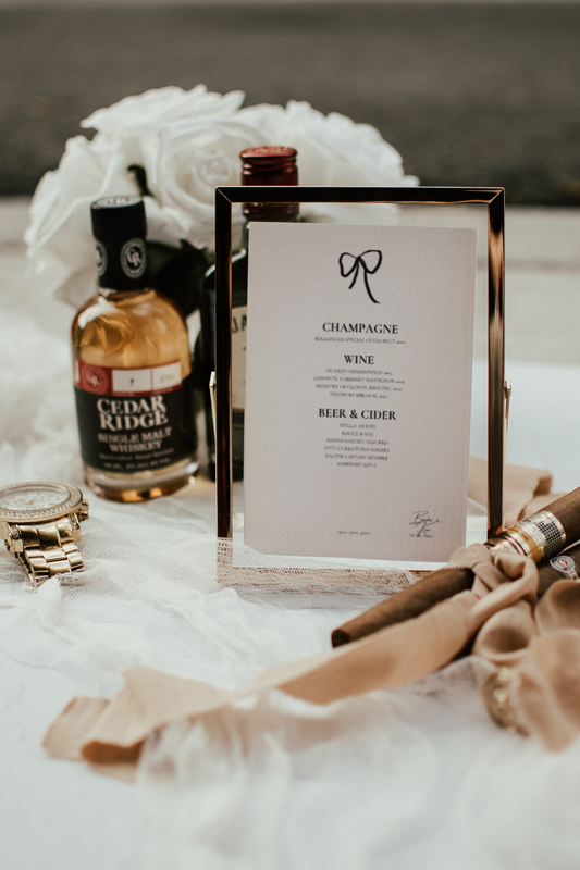 Editable Bar Menu Sign by Unwrapped Collections. Editable on Canva, perfect for weddings, celebrations and parties. Hand drawn Bow, personalizable.