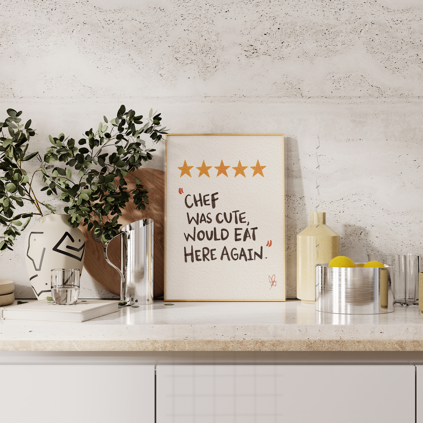 Lively Kitchen Decor: Watercolor Chef Was Cute, Would Eat Here Again - Hand-Drawn 5-Star Rated Digital Print Poster. Shop Our Wall Decors Today