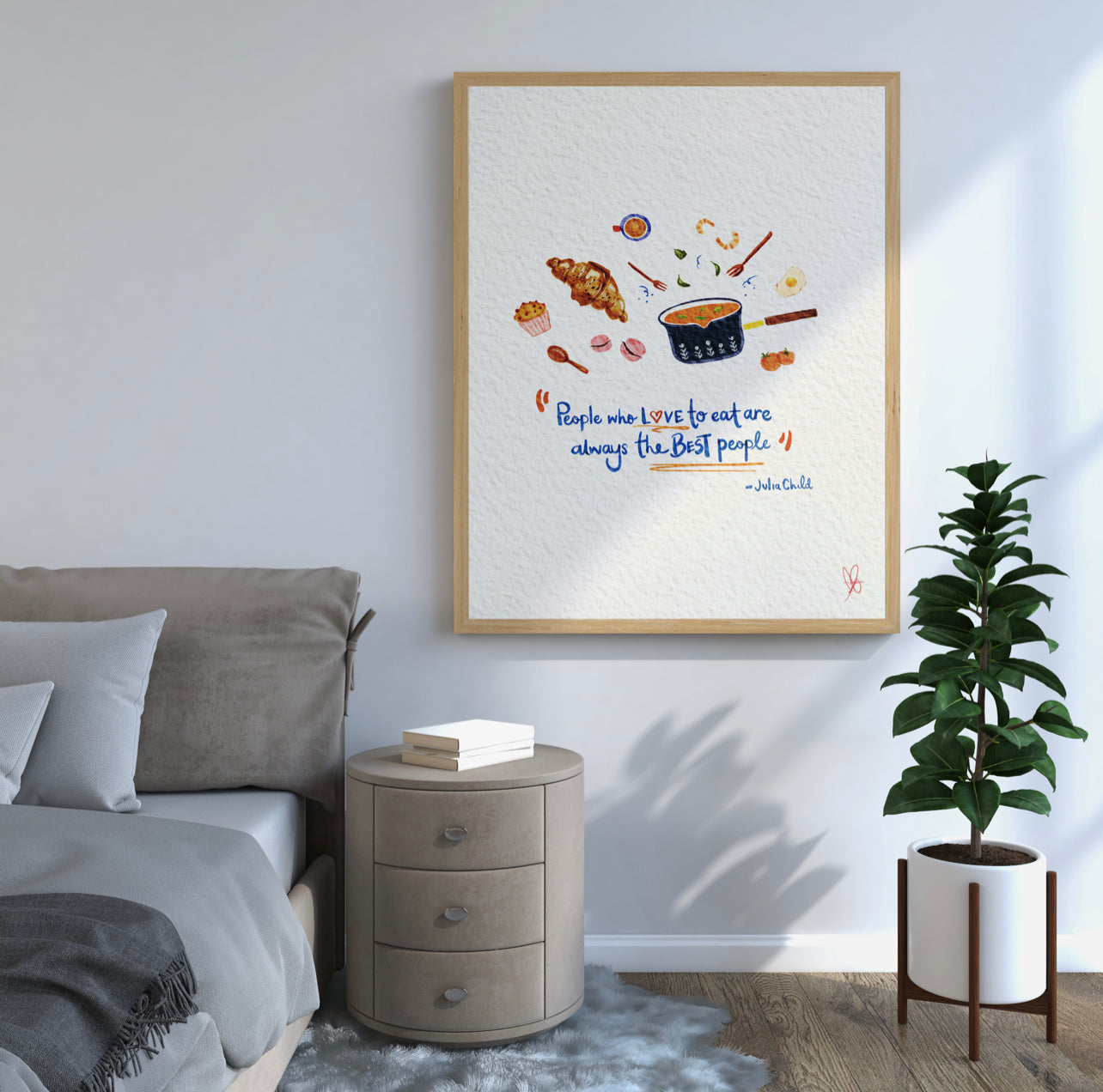 People Who Love To Eat Are The Best People Quote, Julia Child. Charming Kitchen Print: Hand-Drawn Summer Vibes for Playful Wall Decor. Clean & Minimalistic Digital Print for Cute Bedroom Decor.