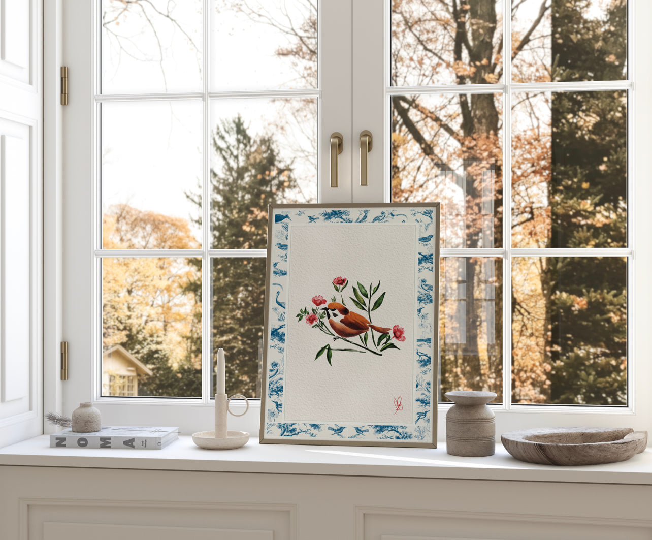 Vintage Summer Vibes with Oriental Style French Toile Bird & Botanical Floral Print - Elegant Toile Poster - Digital Download - Minimalistic French Wall Art, Wall Decor for Bedroom & Living Space!