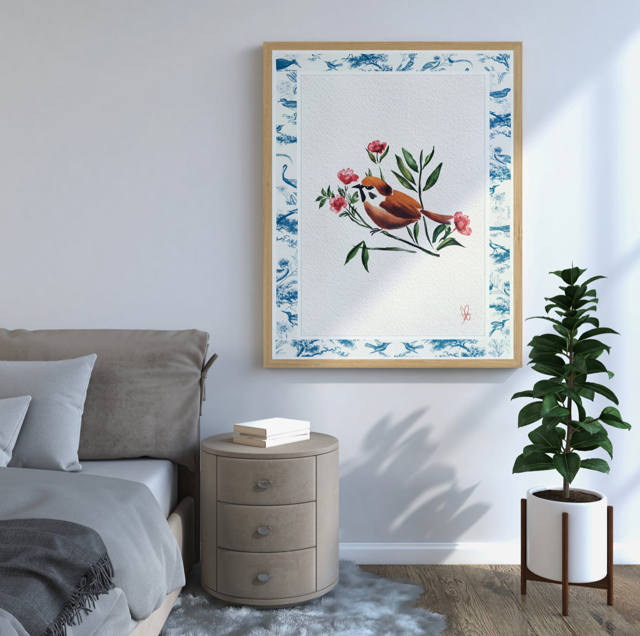 Elegant Toile de Jouy Bird & Botanical Floral Print Poster - Vintage Summer Vibes - Digital Download - Pretty Wall Decor & Minimalistic Room Art!