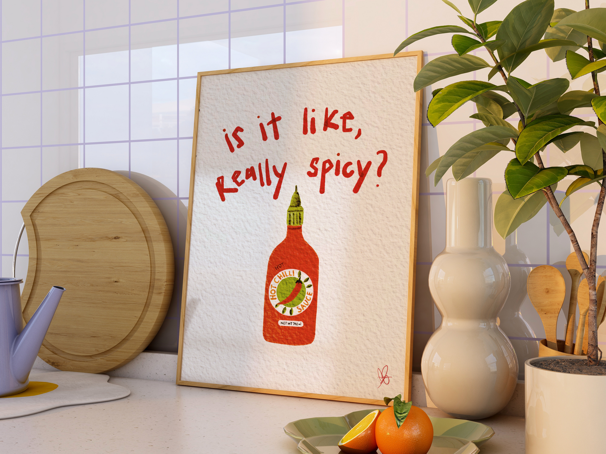 Cafe and Kitchen Art Print - Is  It Like Really Spicy -Sizzling Food Vibes, Cute Handwritten Poster, Watercolor style Illustration, Witty Humor - Hand Drawn Sriracha Hot Sauce, Chili Goodness, Funny Foodie Wall Art, Kitchen Cafe Decor Poster