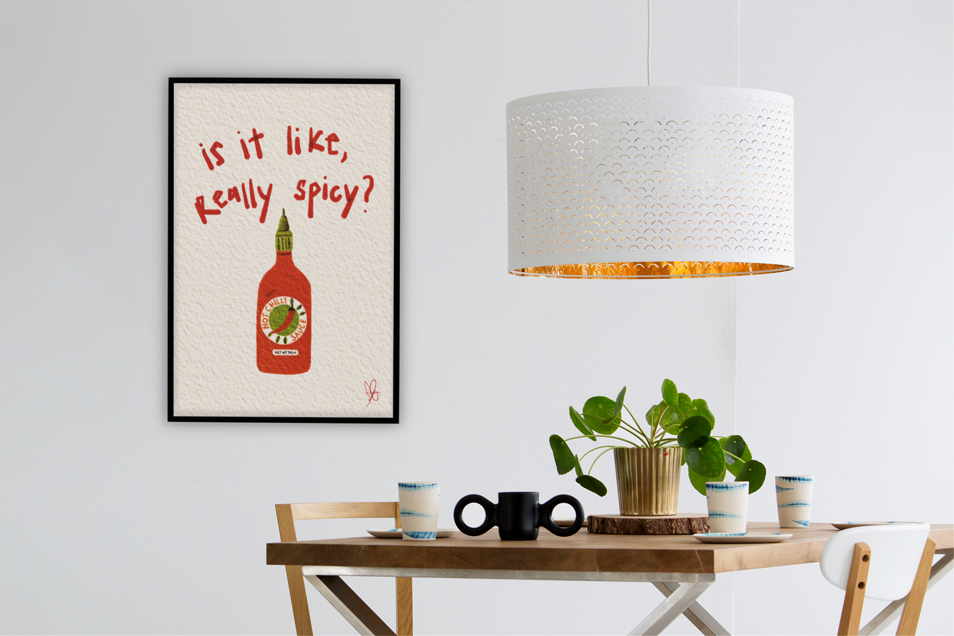 Dining Table Art Print, Wall Decor, Sizzling Food Vibes, Is It Like Really Spicy Handwritten Letters, Watercolor style Wall Art, Witty Humor - Sriracha Hot Sauce, Chili Goodness, Funny Foodie Wall Art, Kitchen and Cafe Decor Poster