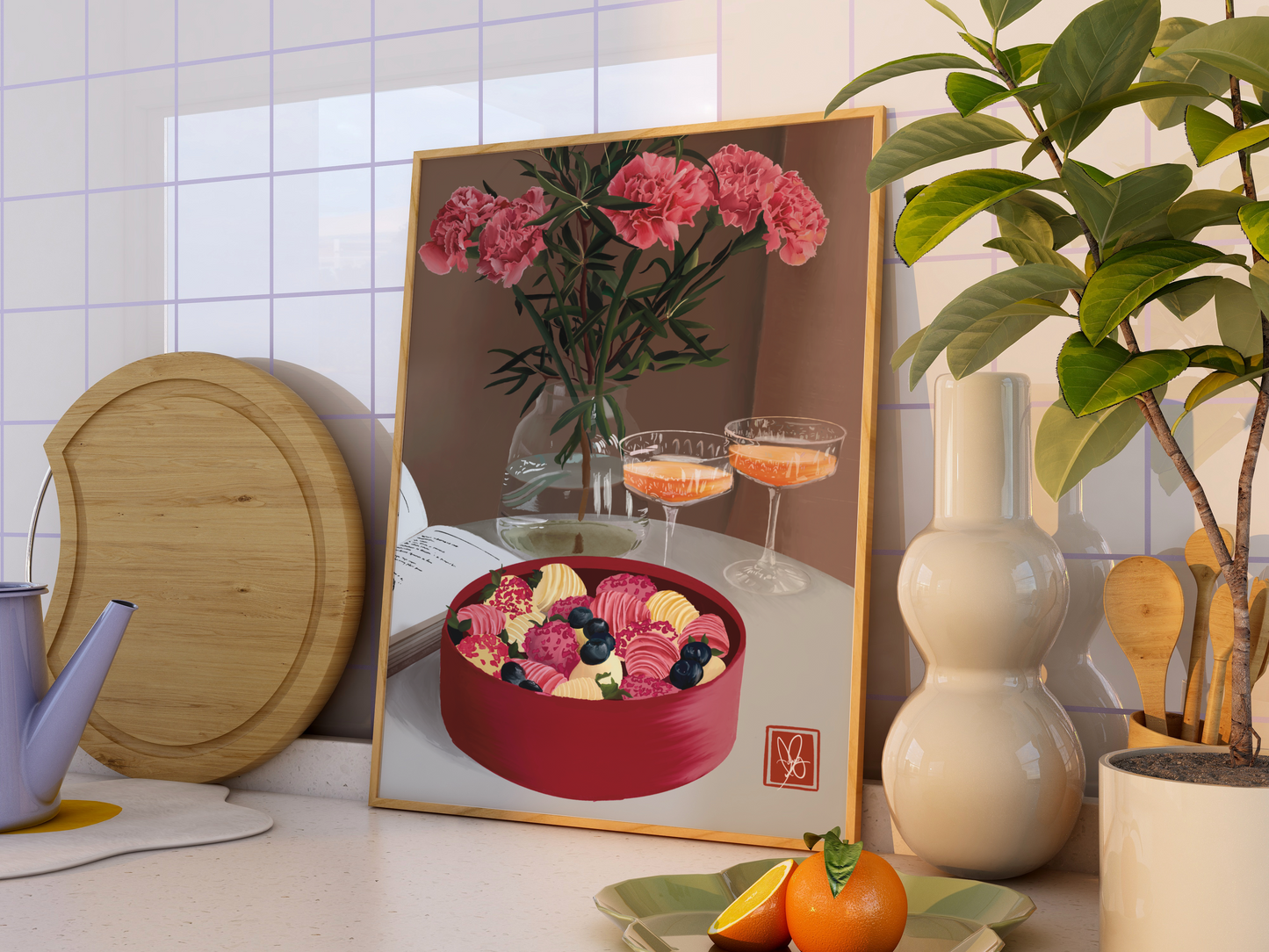 Peonies and strawberry covered chocolates digital painting - a visual feast of hand-drawn charm and delicious sweetness, Kitchen Wall Decor