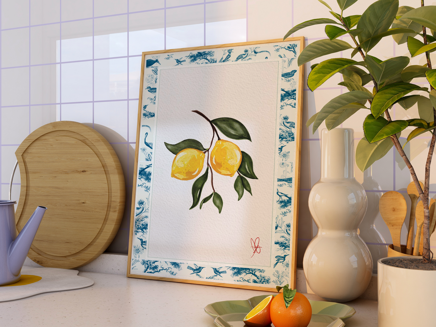 Toile de Jouy Lemon Print - Summer French Blue Fruity Wall Decor | Modern Kitchen Poster