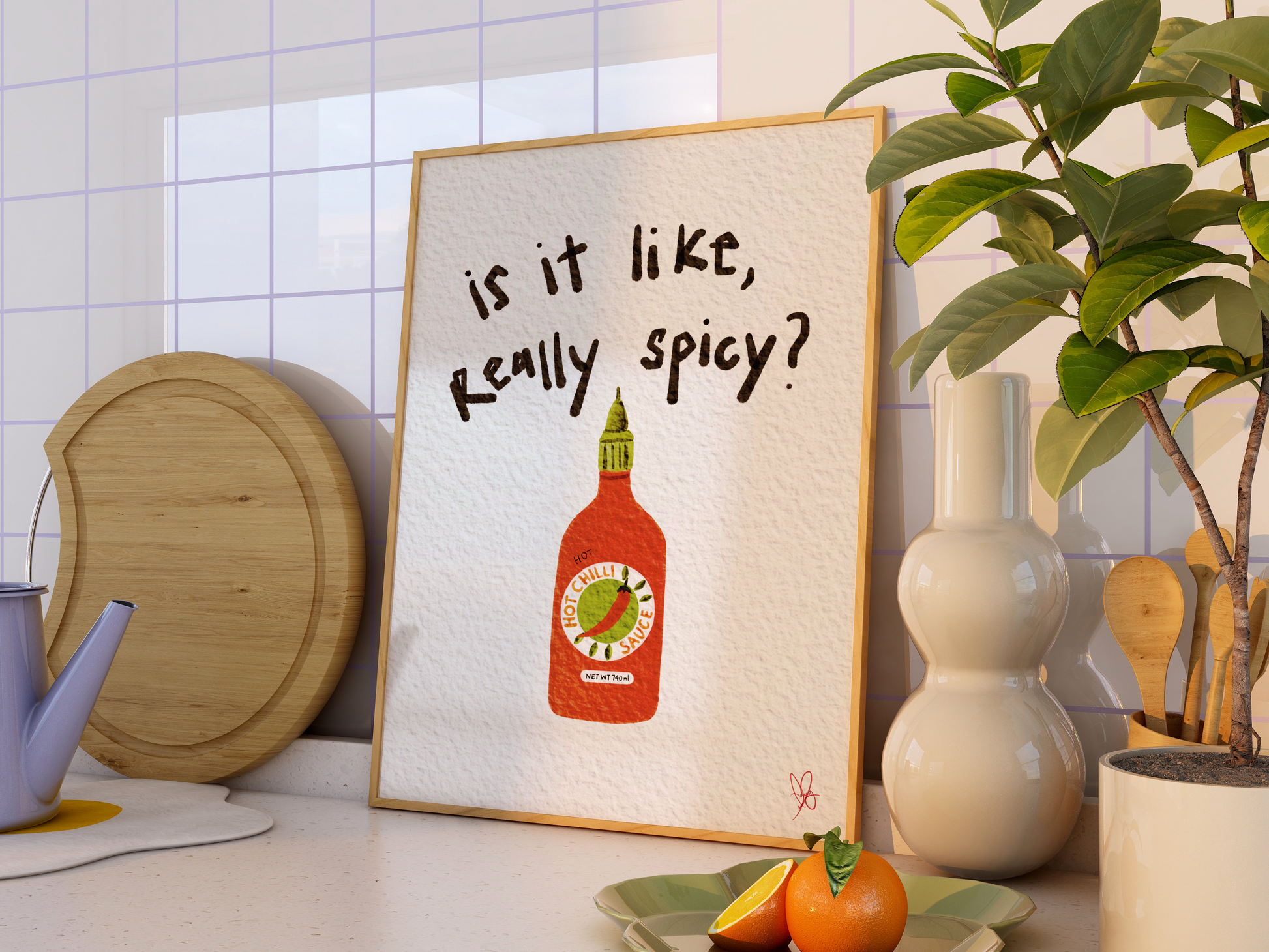 Spicy Sriracha Chili Kitchen and Dining Centric Digital Print Poster - Perfect for Spice and Chili Lovers! Instant Downland | Vibrant & Lively Pink Design | Cute Hand Lettering | High-Quality Wall Decor Art | Instant Download, Various Sizes | Colorful Scandinavian Nordic Minimalistic Summer Vibe!