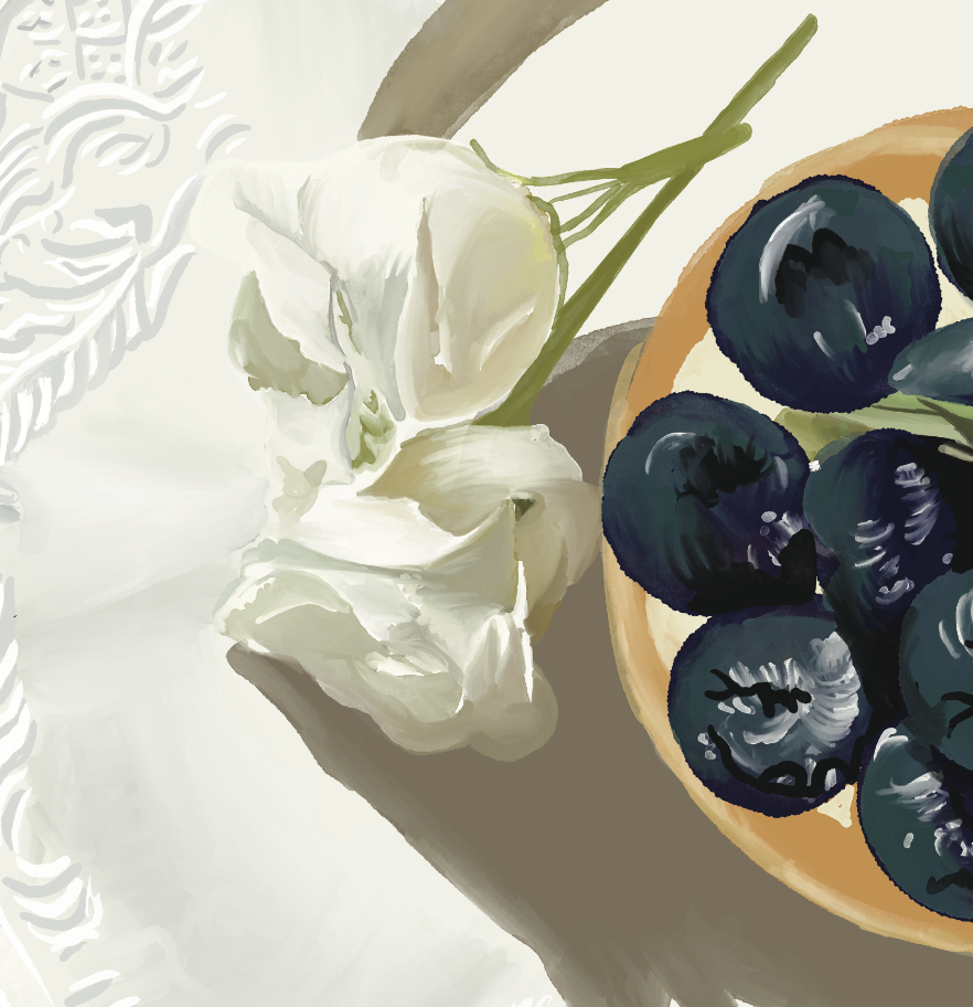 Blueberry Vogue Print - Hand-drawn digital artwork perfect for kitchen decor, pastry, and floral enthusiasts. Vibrant and playful illustration featuring a delicious pastry adorned with roses. Available in multiple sizes. By Unwrapped Collections.