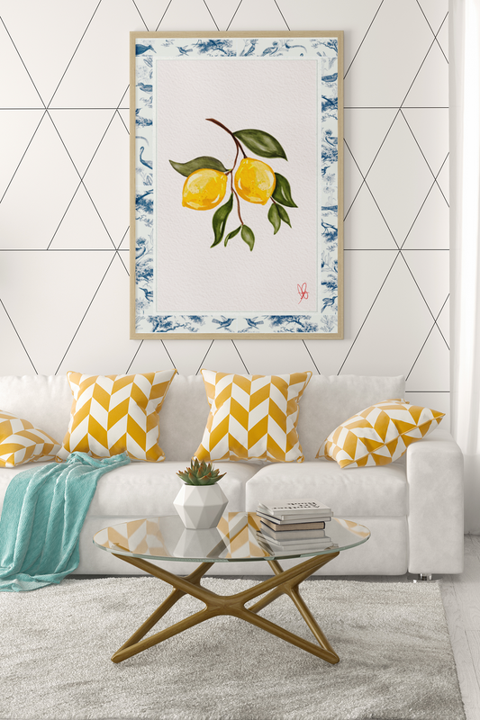 Toile de Jouy Lemon Print - Summer French Blue Fruity Wall Decor | Modern Kitchen Poster
