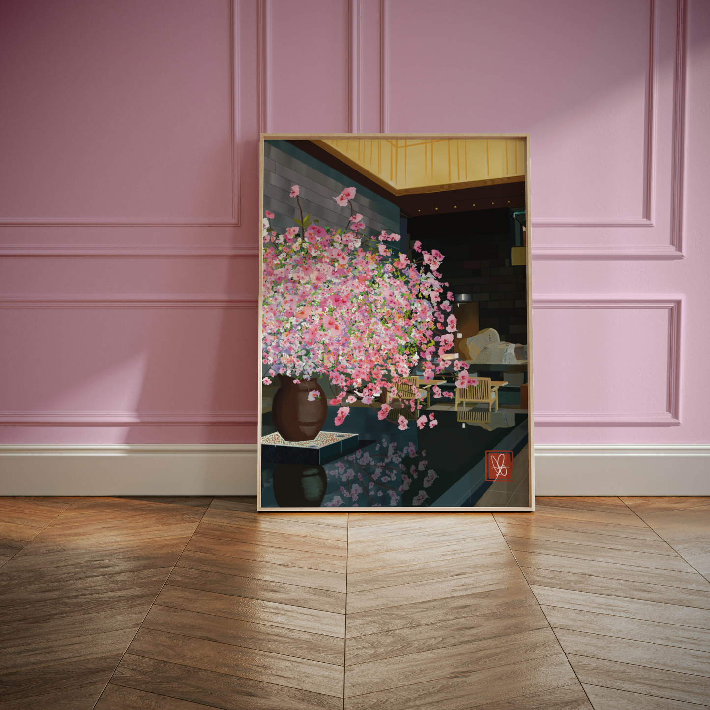 Unwrapped Collections' hand-drawn sakura illustration portraying the beauty of Japan's cherry blossom season. Pink Wall, Barbie Pink. Girly Art. Feminine.