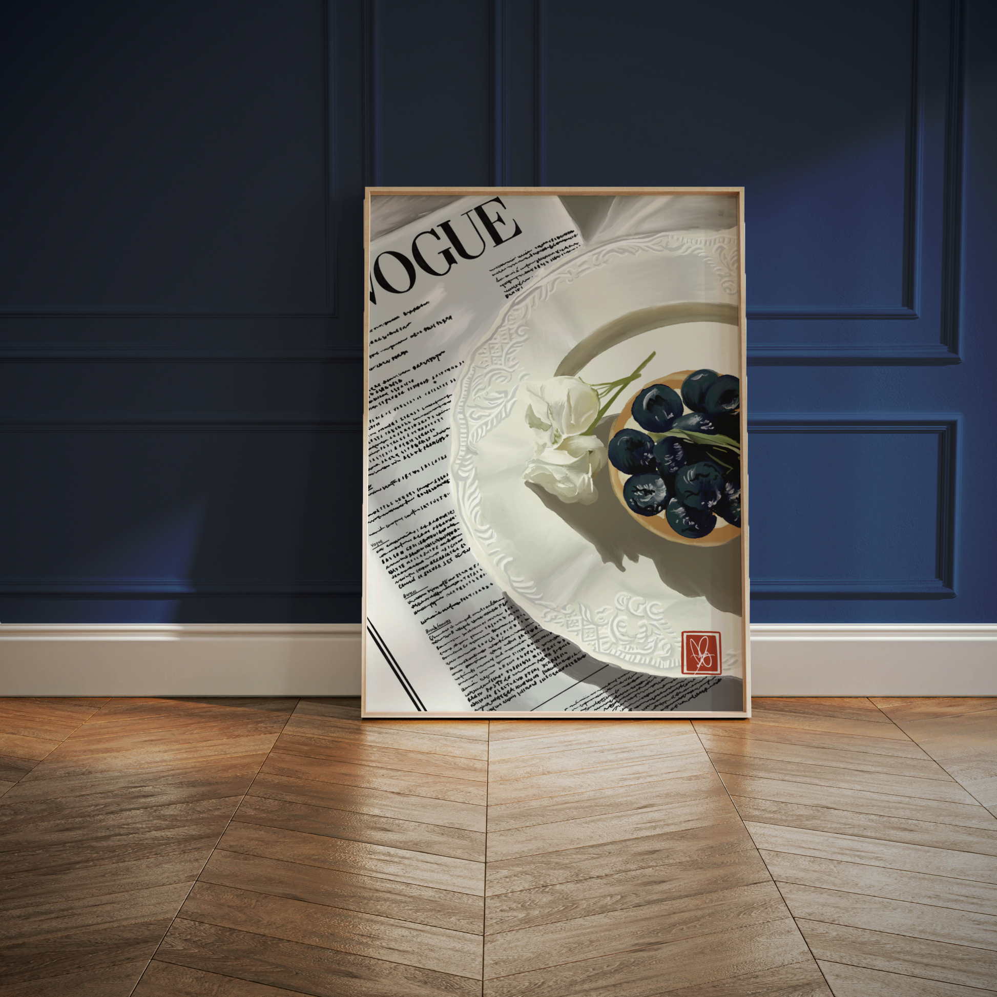 Blueberry Tart Print - Hand-drawn digital artwork perfect for kitchen decor and food enthusiasts. Vibrant colors and playful design add charm to any space. Available in various sizes. From Unwrapped Collections.