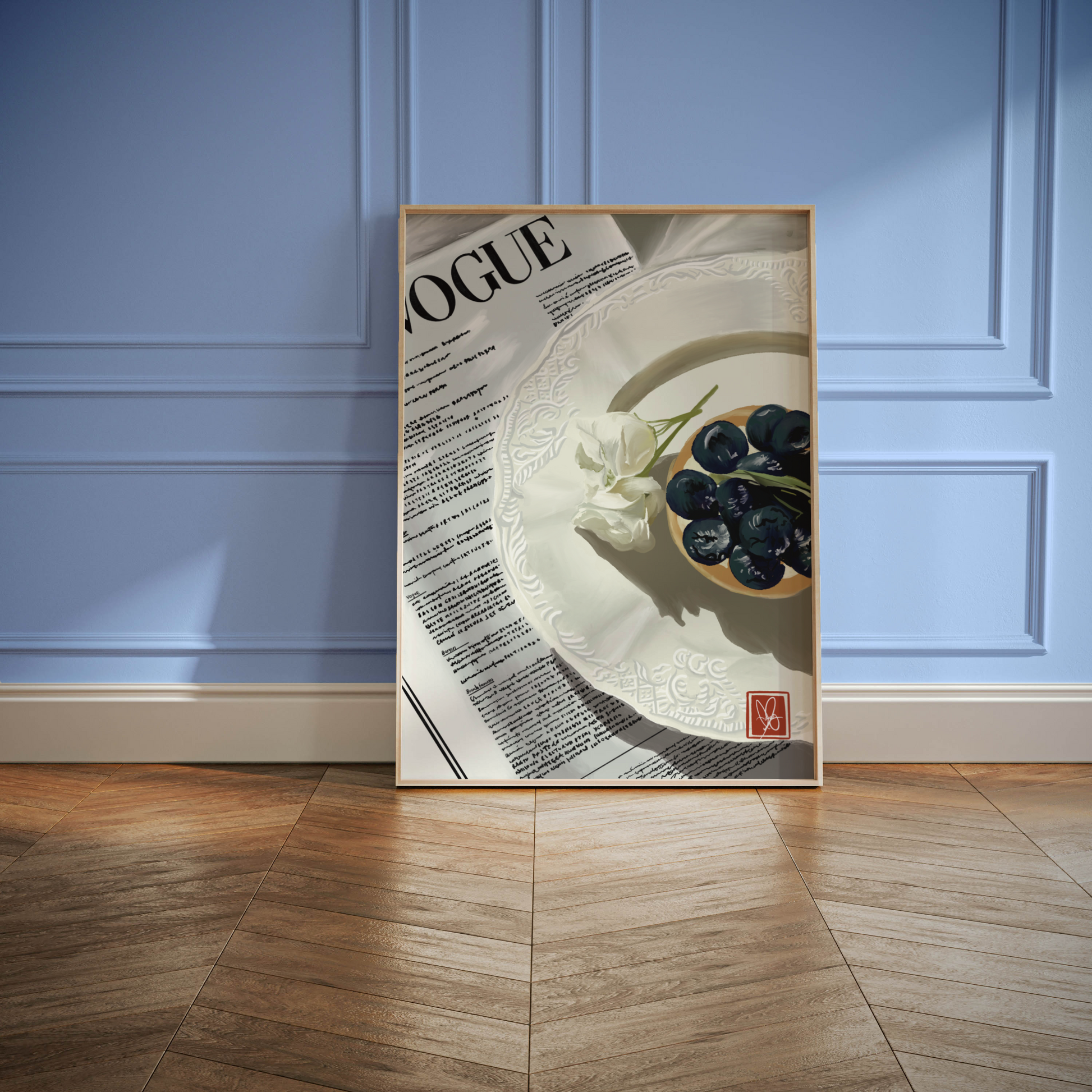 Blueberry Tart Print - Hand-drawn digital artwork perfect for kitchen decor and pastry enthusiasts. Vibrant and playful illustration of a delicious pastry. Available in multiple sizes. From Unwrapped Collections.