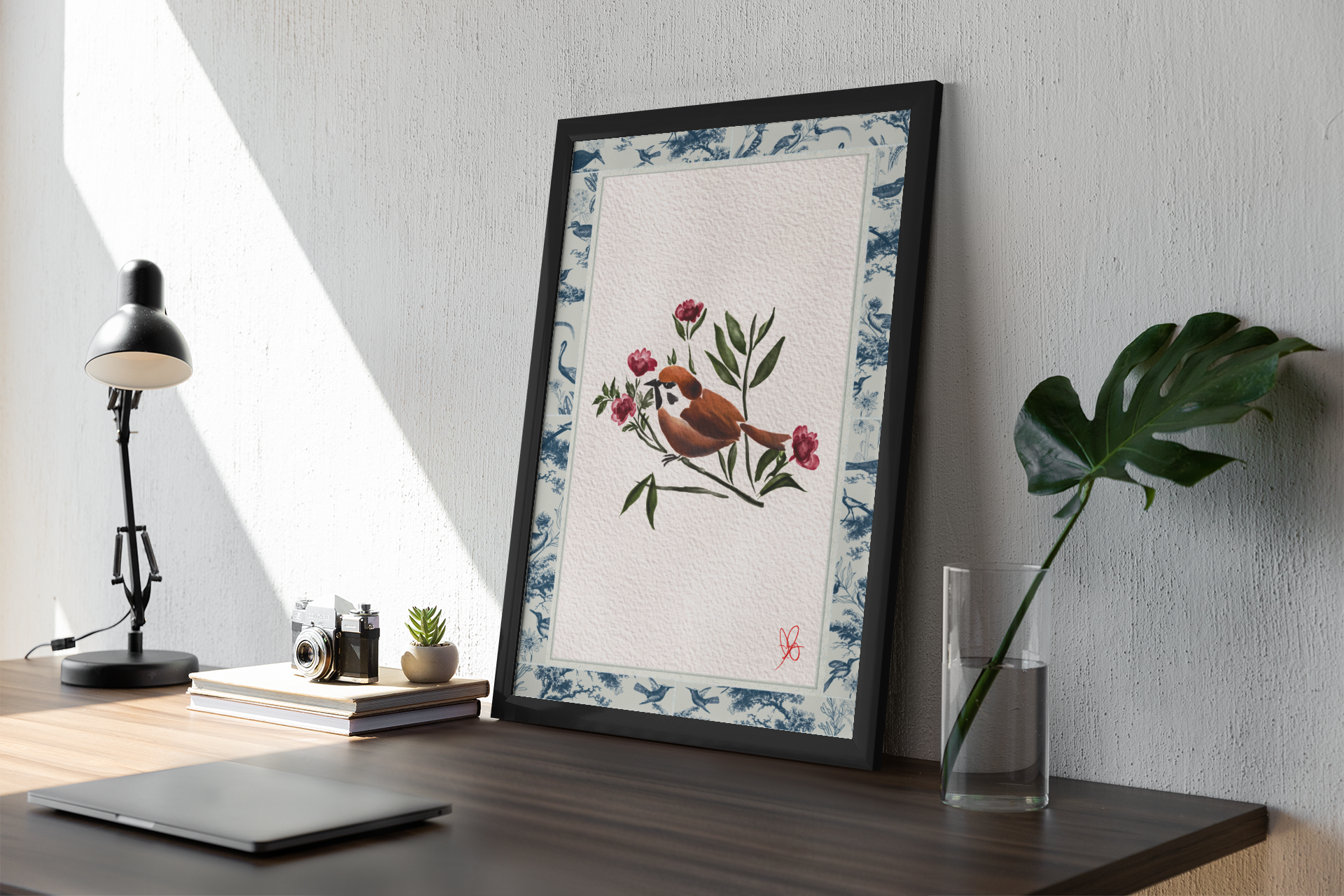 Elegant Toile de Jouy Bird & Botanical Floral Print Desk Poster - Embrace Vintage Summer Vibes - Lively, Colorful Desk Decor - Digital Wall Decor Download, Wall Art