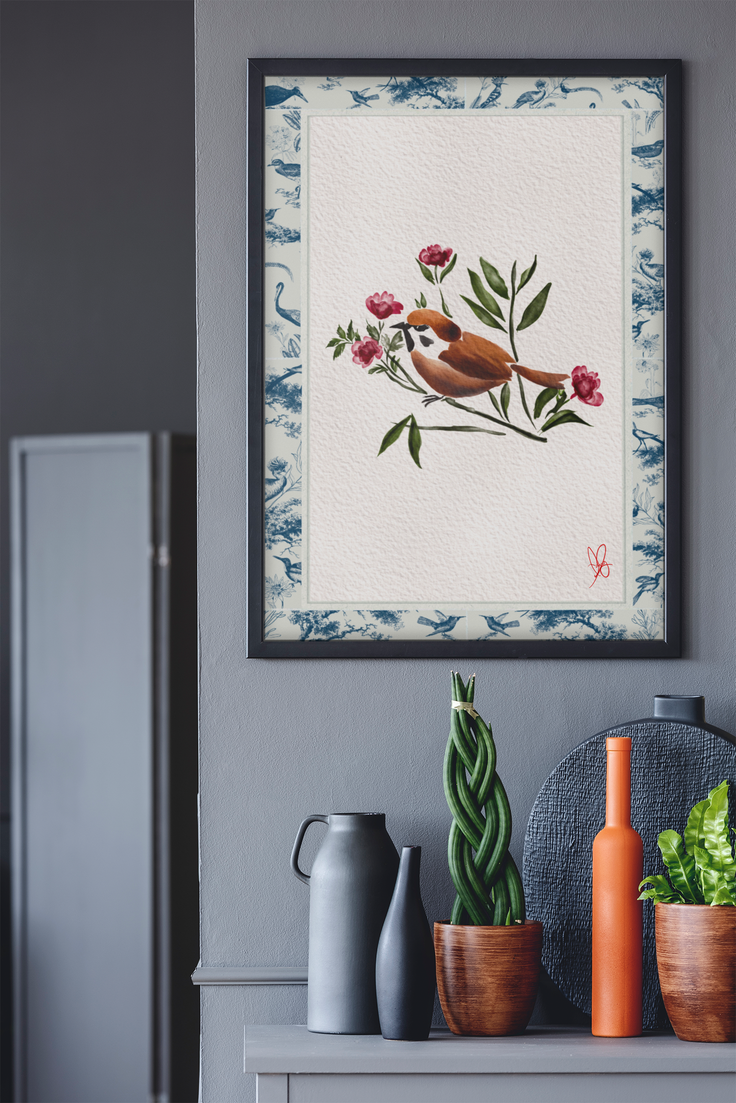 Transform Your Living Space and Bedroom with Botanical Toile de Jouy Bird & Oriental style Botanical Floral Print - Vintage French Wall Art and Wall Decor Poster - Embrace Your Summer Happiness and Elevate Your Ambiance!