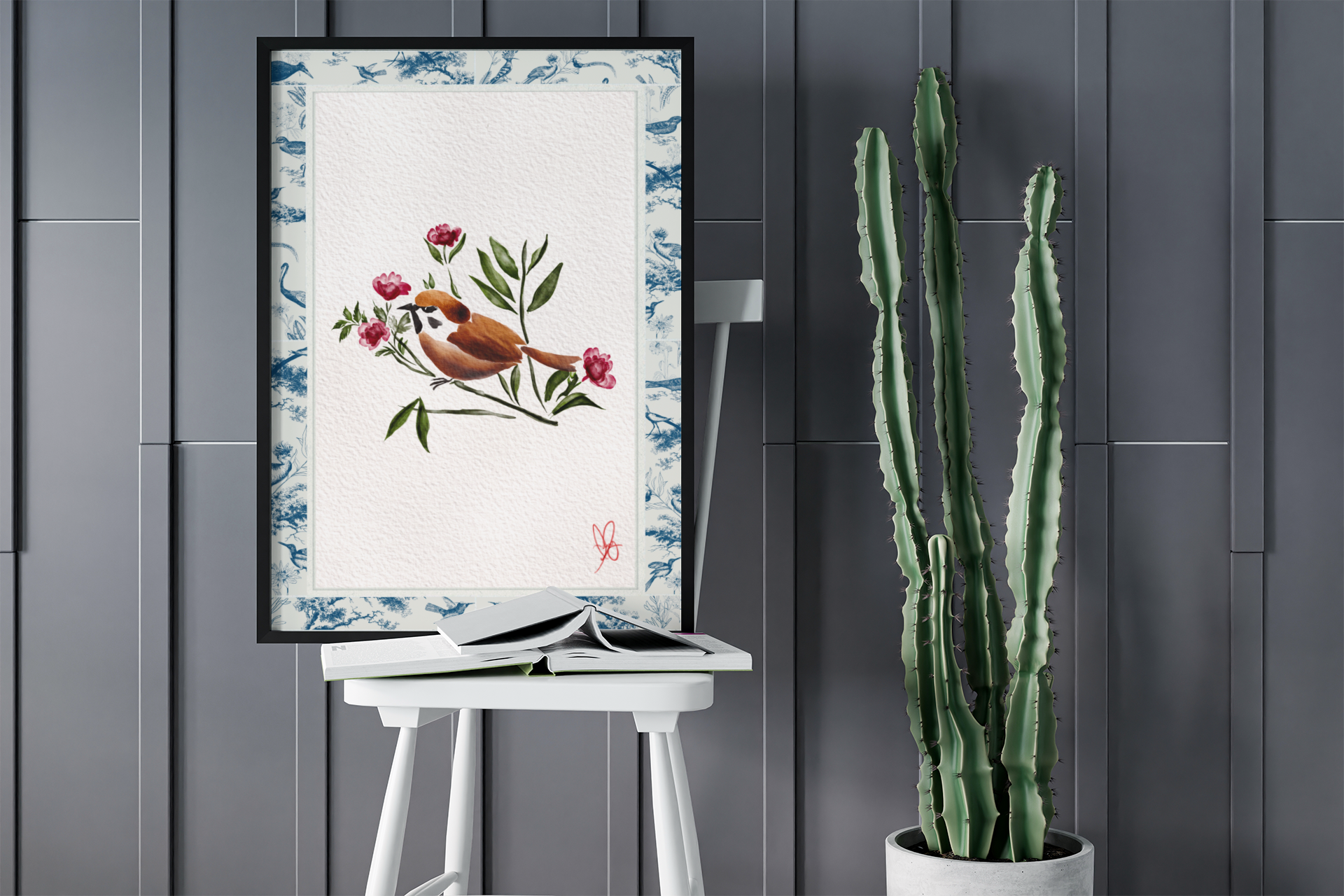 Embrace Summer Life with Dark Academia Vibes - Toile de Jouy Bird & Botanical Floral Print - Vintage French Desk Decor - Digital Download, Wall Decor, Poster, Wall Art