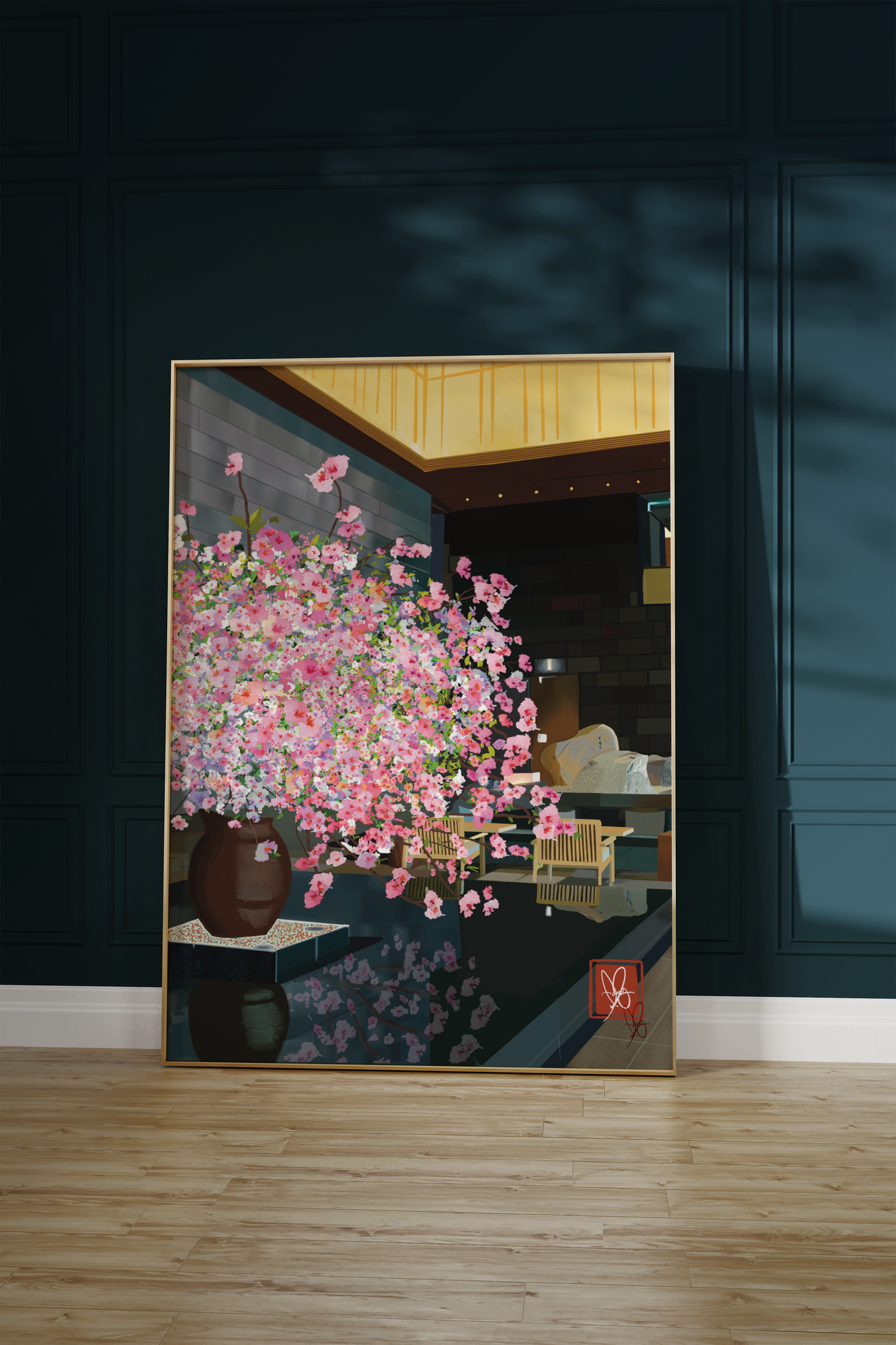 Unwrapped Collections' contemporary digital art of cherry blossoms, ideal for stylish home decor.