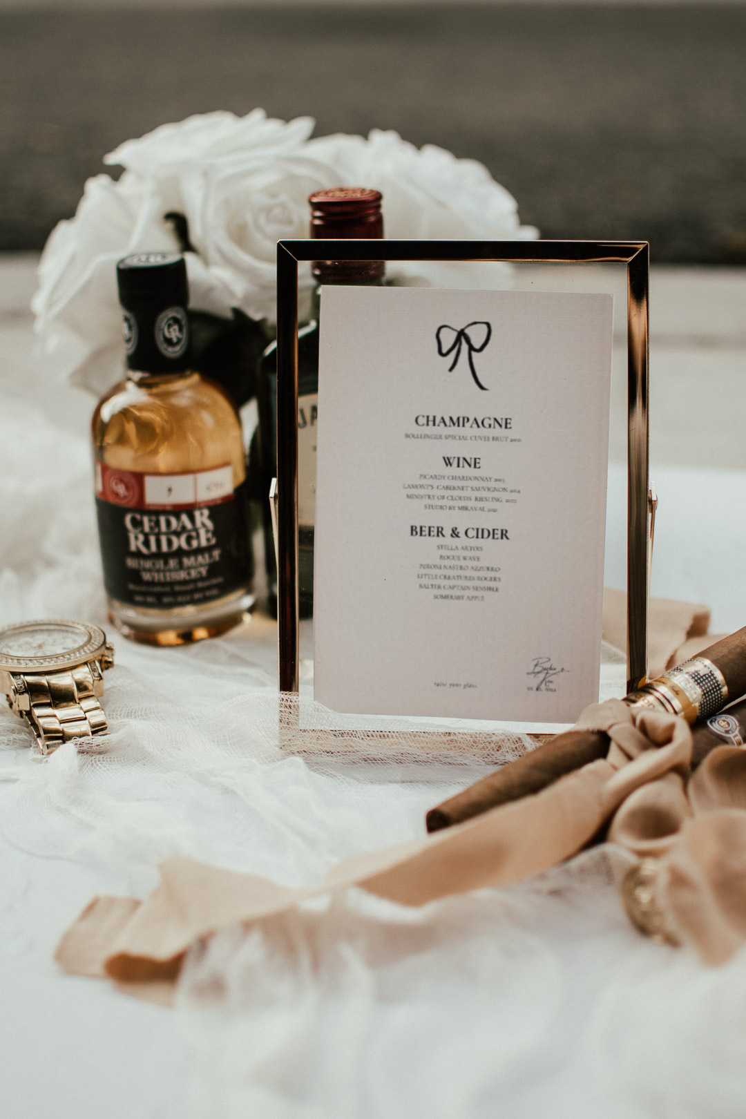 Editable Bar Menu Sign by Unwrapped Collections. Editable on Canva, perfect for weddings, celebrations and parties. Hand drawn Bow, personalizable.