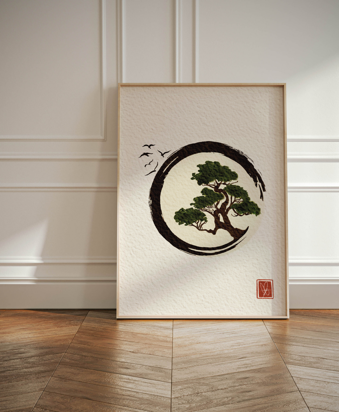 Japandi-Inspired Bonsai Tree Digital Art Print by Unwrapped Collections. A serene depiction of a bonsai tree in minimalist style, perfect for adding tranquility to your home decor. Shop now for high-quality botanical prints.