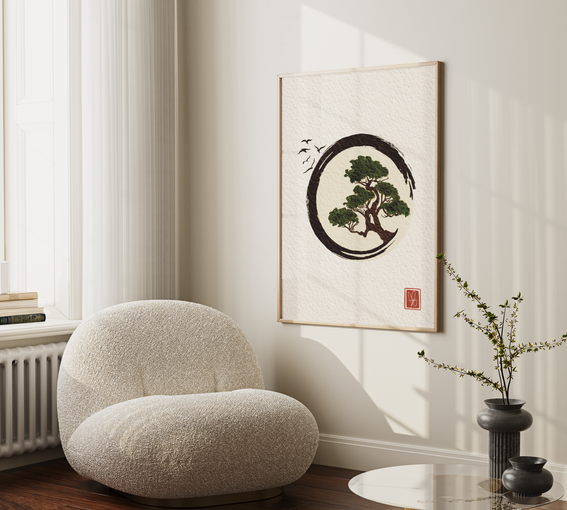 Elegant Oriental-inspired Bonsai Tree Digital Art Print by Unwrapped Collections. Perfect for Japandi-themed decor, this hand-drawn illustration features a tranquil bonsai tree, adding a touch of serenity to any room. Enhance your space further with a Boucle Chair for ultimate comfort and style.