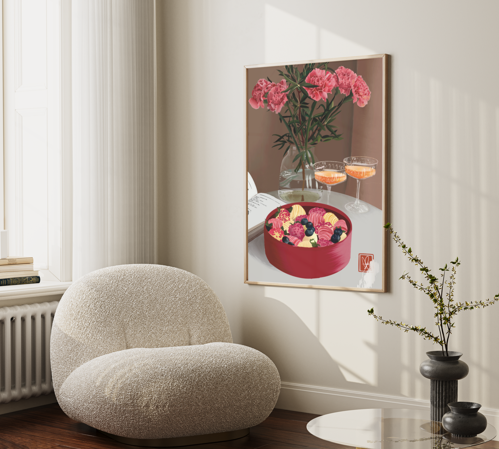 Charming hand-drawn peonies paired with delectable chocolates against Boucle chair- a captivating digital artwork by Unwrapped Collections. Wall Decor. Coupe Glasses. Box of Chocolates with Champagne