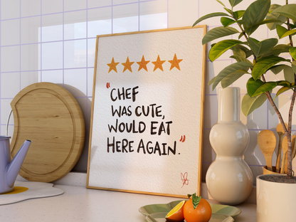 Summer Vibes: Watercolor Chef Was Cute, Would Eat Here Again - Hand-Drawn 5-Star Rated Digital Print Poster With Cute Quote for Kitchen and Dining Spaces. Shop Our Wall Arts and Wall Decors Today!