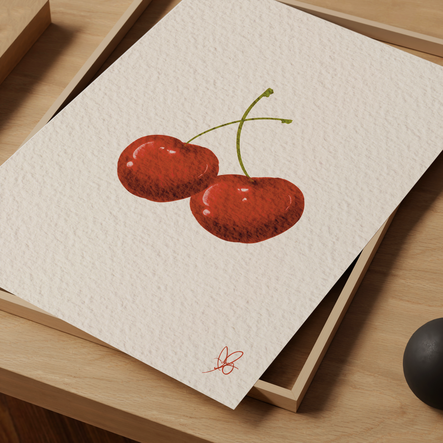 Vibrant hand-drawn cherry print by Unwrapped Collections, framed with stunning watercolors. Elevate your decor with this unique digital art.