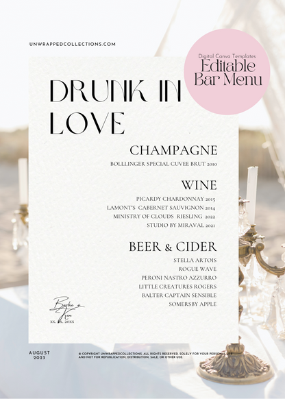 Drunk In Love, Editable Canva Bar Menu for Weddings: Customizable DIY Template, Wedding Bar Sign, Editable Menu, Canva Template, Wedding Reception Decor, Printable Bar Menu