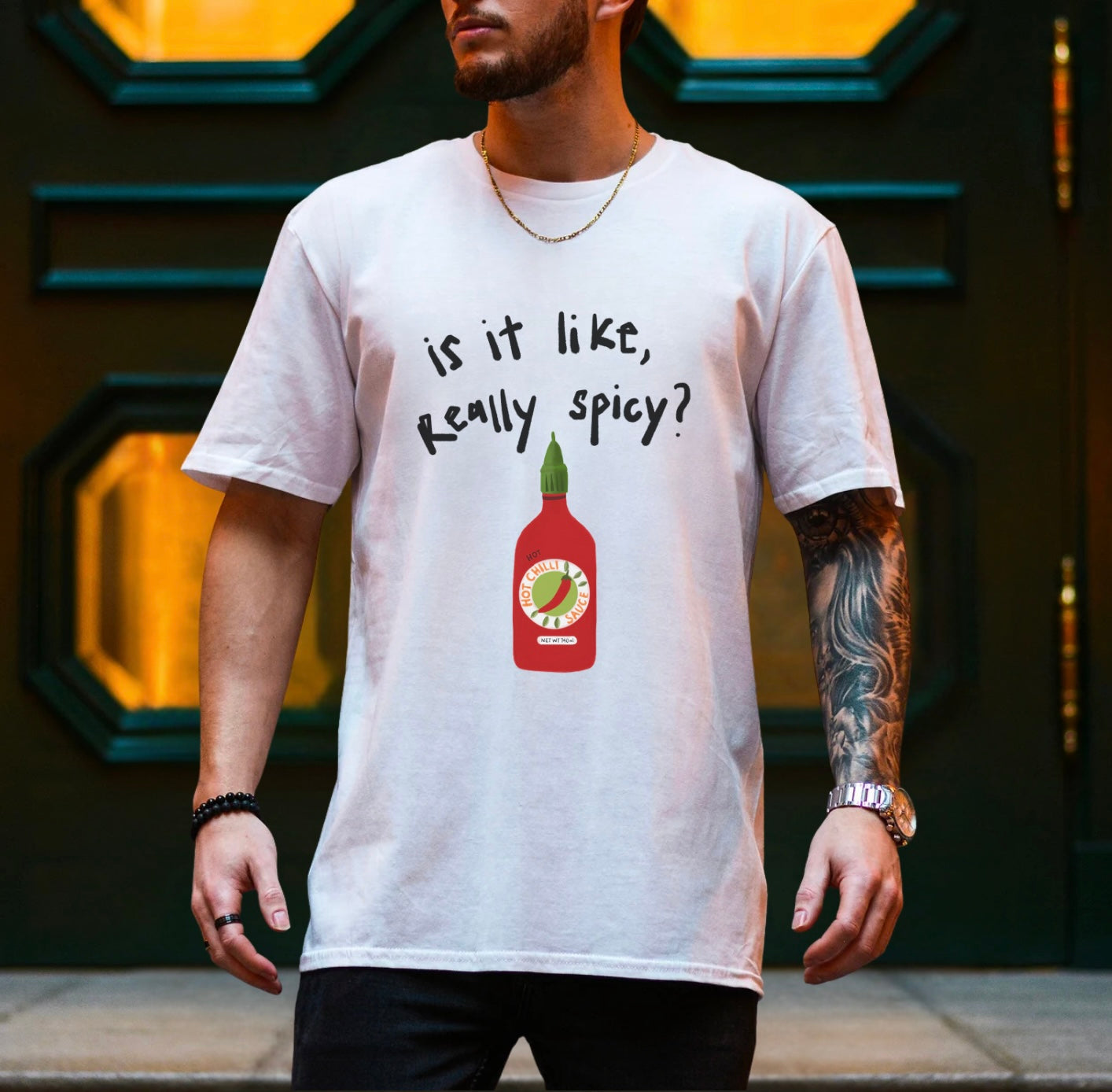 Man in Is It Really Spicy Shirt in White, T-shirt by Unwrapped Collections