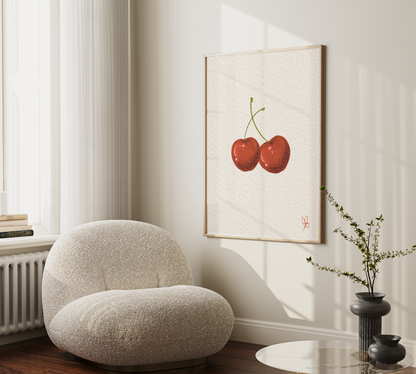 Hand-drawn cherry print by Unwrapped Collections displayed in a living room with boucle chair - a stylish digital print decor.