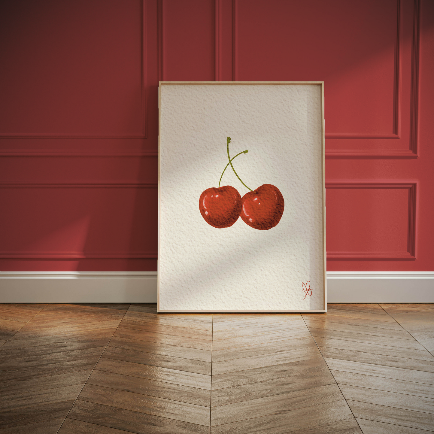 Unwrapped Collections hand-drawn cherry print digital artwork against a vintage red wall backdrop.