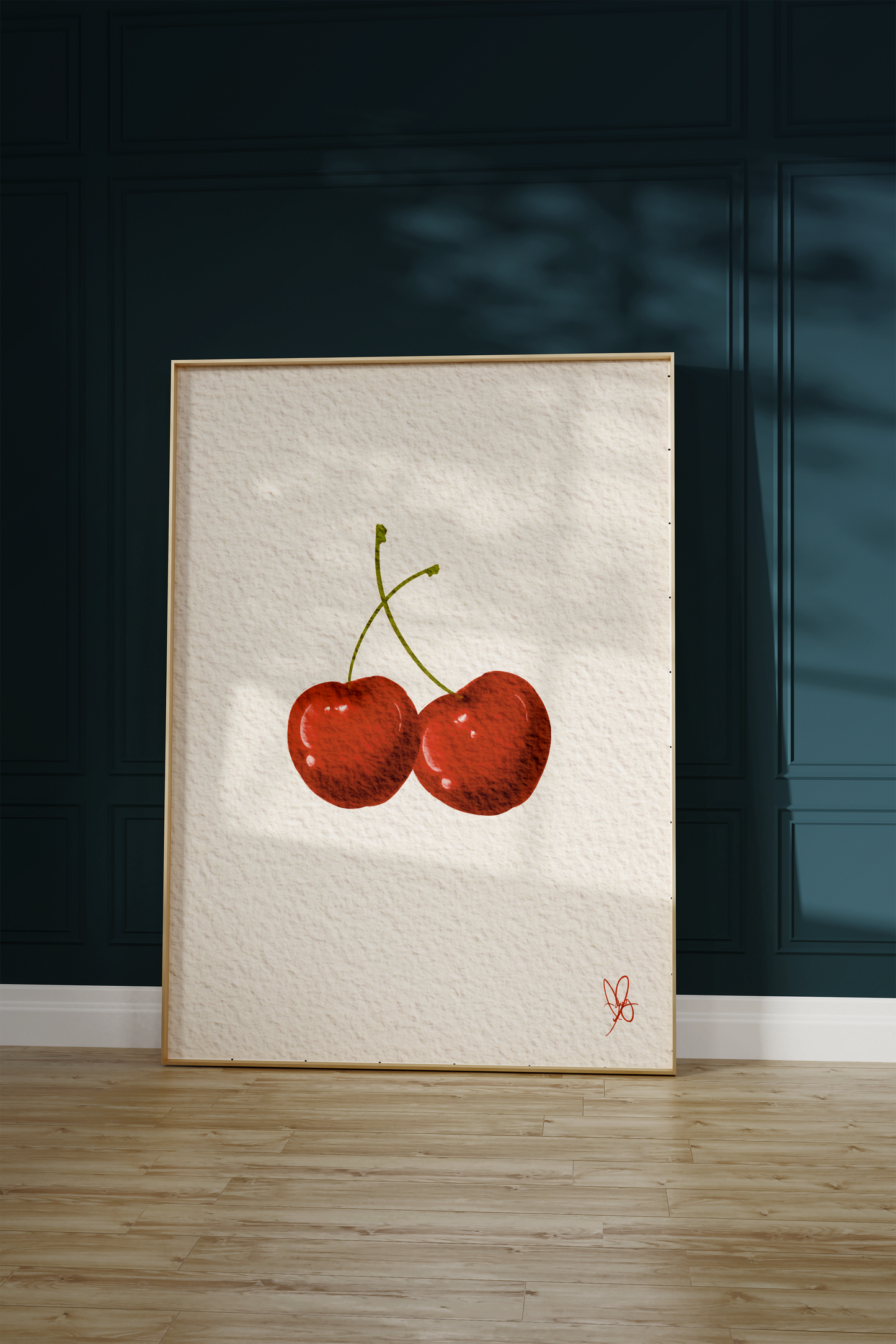 Unwrapped Collections' vintage cherry print against navy blue wall – a stunning hand-drawn digital artwork.