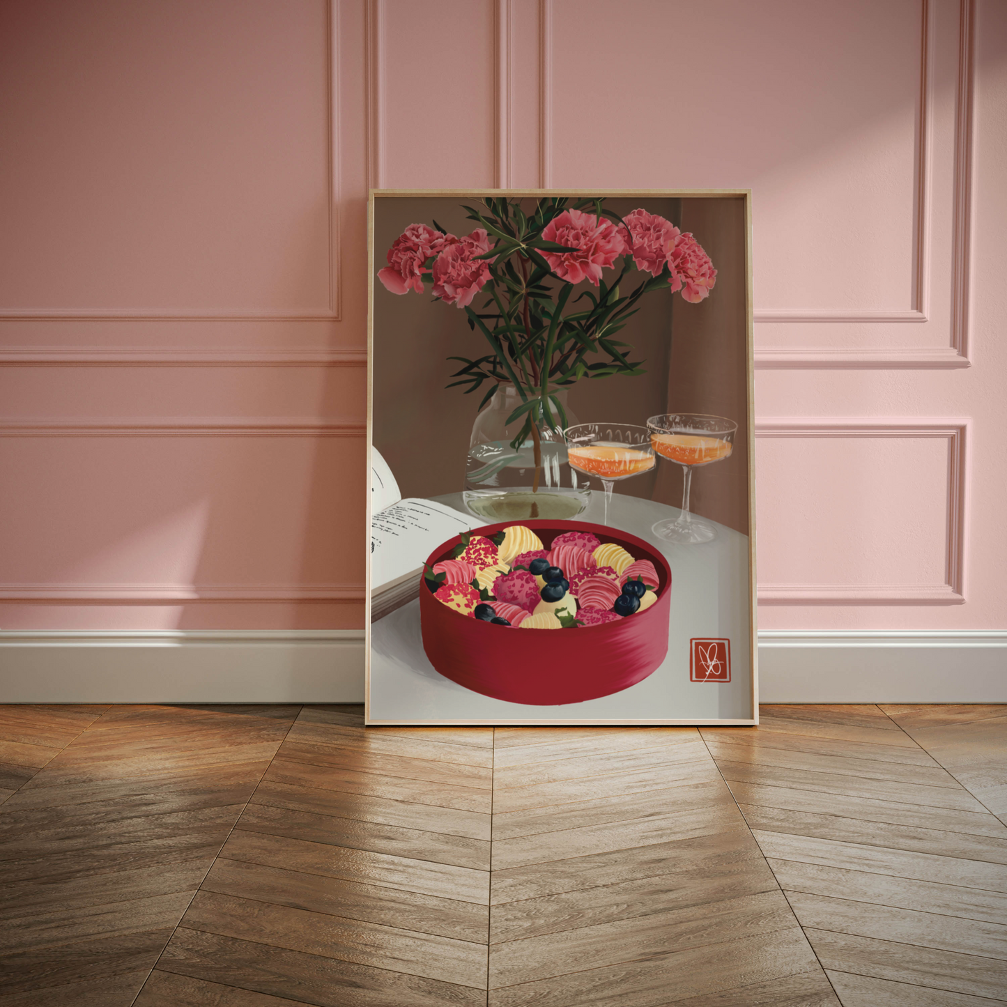 Floral and culinary delights converge in this hand-drawn digital painting by Unwrapped Collections of peonies and chocolates - a delightful addition to any living space. Wall Decor, Interior Design, Pink, Coupe Glasses, Vase of Flowers. Strawberry covered choclates.