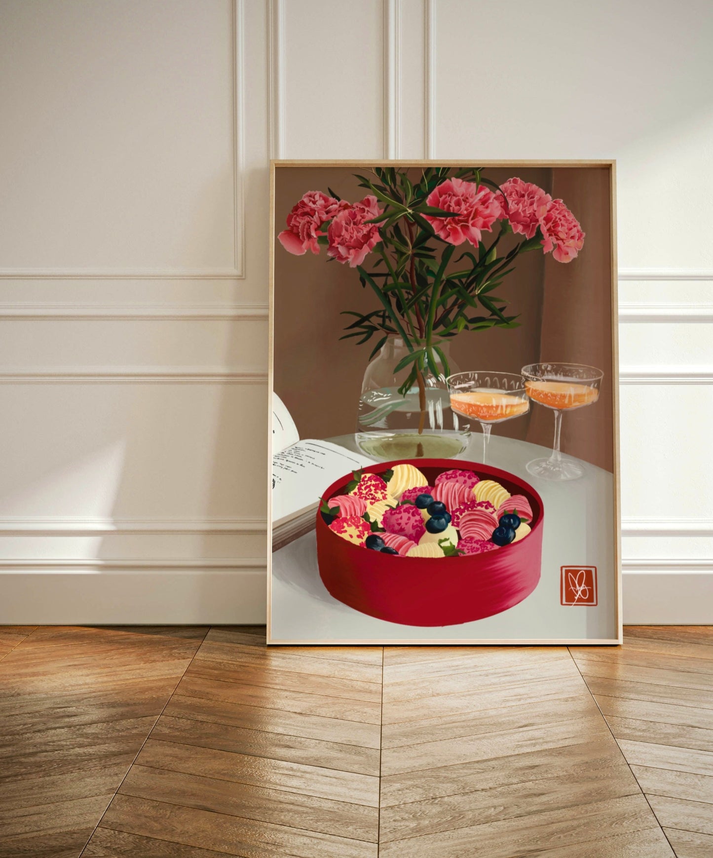 Intricately hand-drawn peonies intertwined with rich, creamy chocolates - a captivating floral artwork by Unwrapped Collections. Pink, Bright, Orange, Champagne, Coupe Glasses