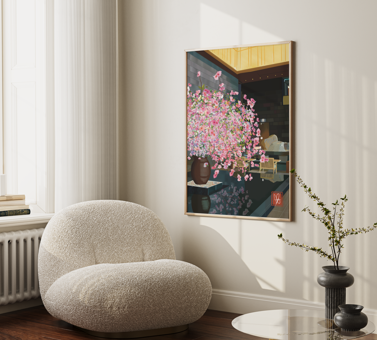 Unwrapped Collections' artistic rendition of sakura blossoms inspired by the elegance of Aman Tokyo Hotel. Wall Art against Boucle Chair. Interior Design.