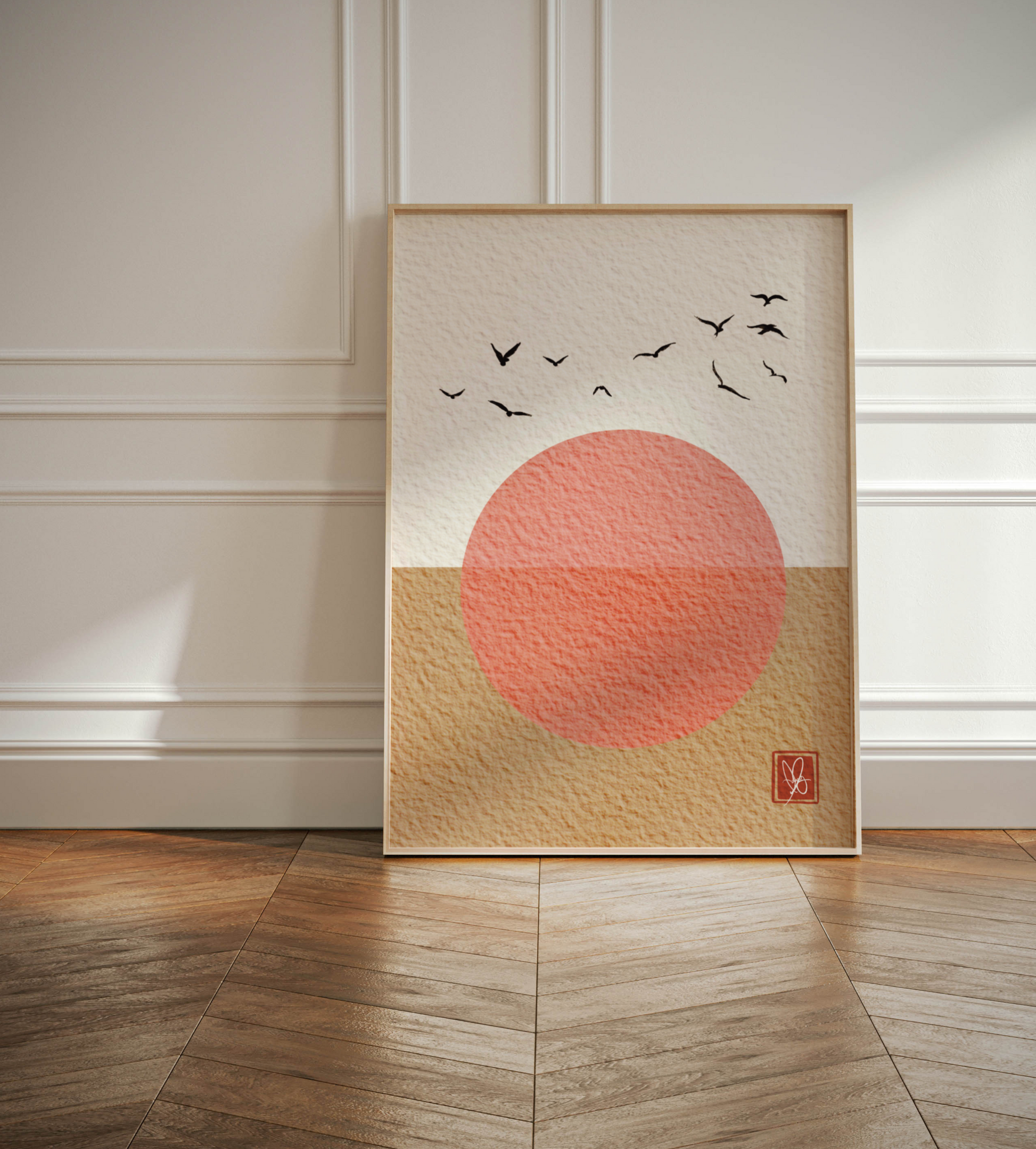 Japandi-inspired calligraphy print featuring hand-drawn birds, ideal for adding Oriental elegance to home decor. Available in various sizes. Shop now for serene wall art.