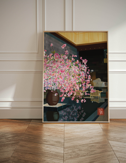 Unwrapped Collections' Aman Tokyo Hotel-inspired digital artwork featuring vibrant cherry blossoms. Vintage Wall, Calming Artwork.