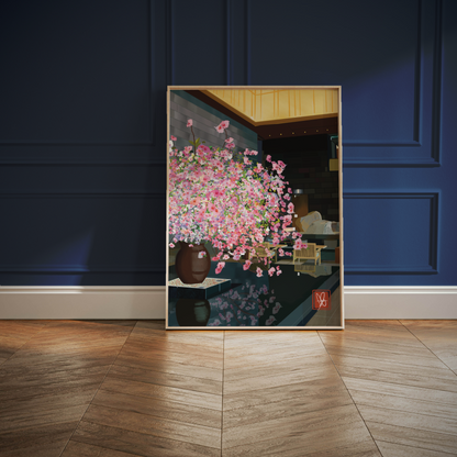 Unwrapped Collections' playful digital illustration capturing the essence of Japan's sakura blooms in vibrant hues. Dark Blue, Calming Oriental Design for Interior.