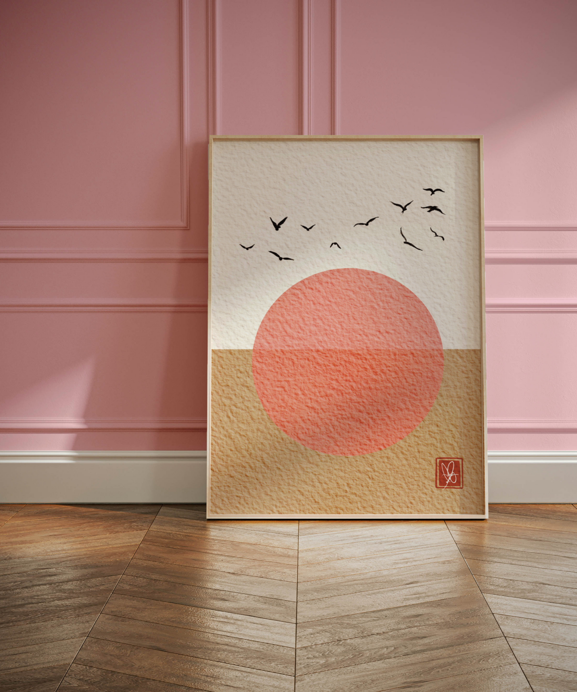 Japandi-Inspired Calligraphy Print featuring Hand-Drawn Birds in Oriental Style by Unwrapped Collections. Perfect for adding tranquility to your home decor. Available in various sizes. Shop now!