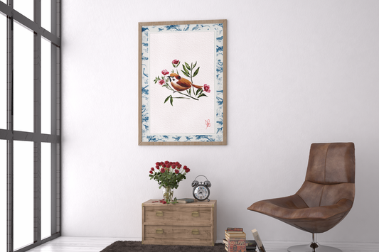 Oriental Style French Toile de Jouy Bird & Botanical Floral Print Wall Decor - Embrace Timeless Elegance with Vibrant Flower Colors & Vintage Summer Vibes - Digital Poster Download | Sizes: 2:3, 3:4, 4:5, 5:7 - Shop Now for Pretty Wall Art.